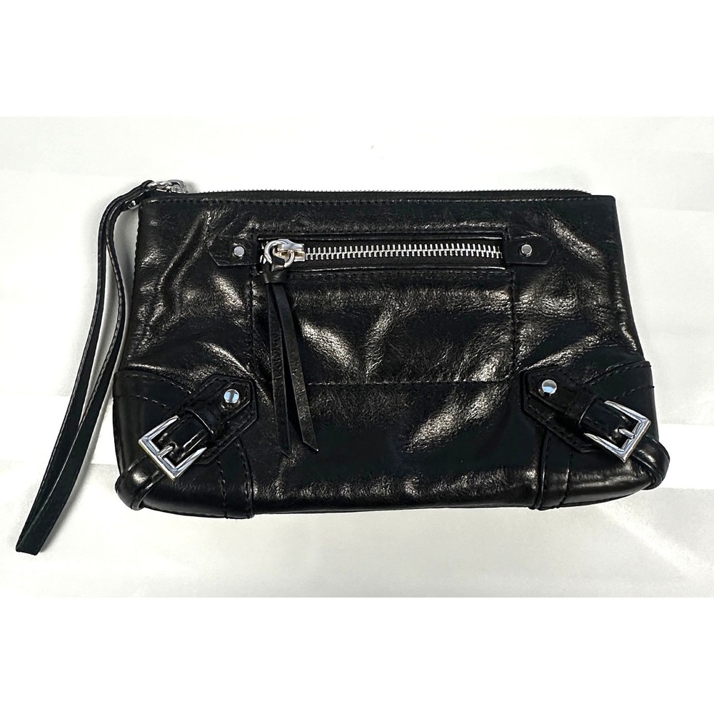 Michael Kors Black Leather Moto Buckle Wristlet Clutch Bag Silver Hardware Y2K